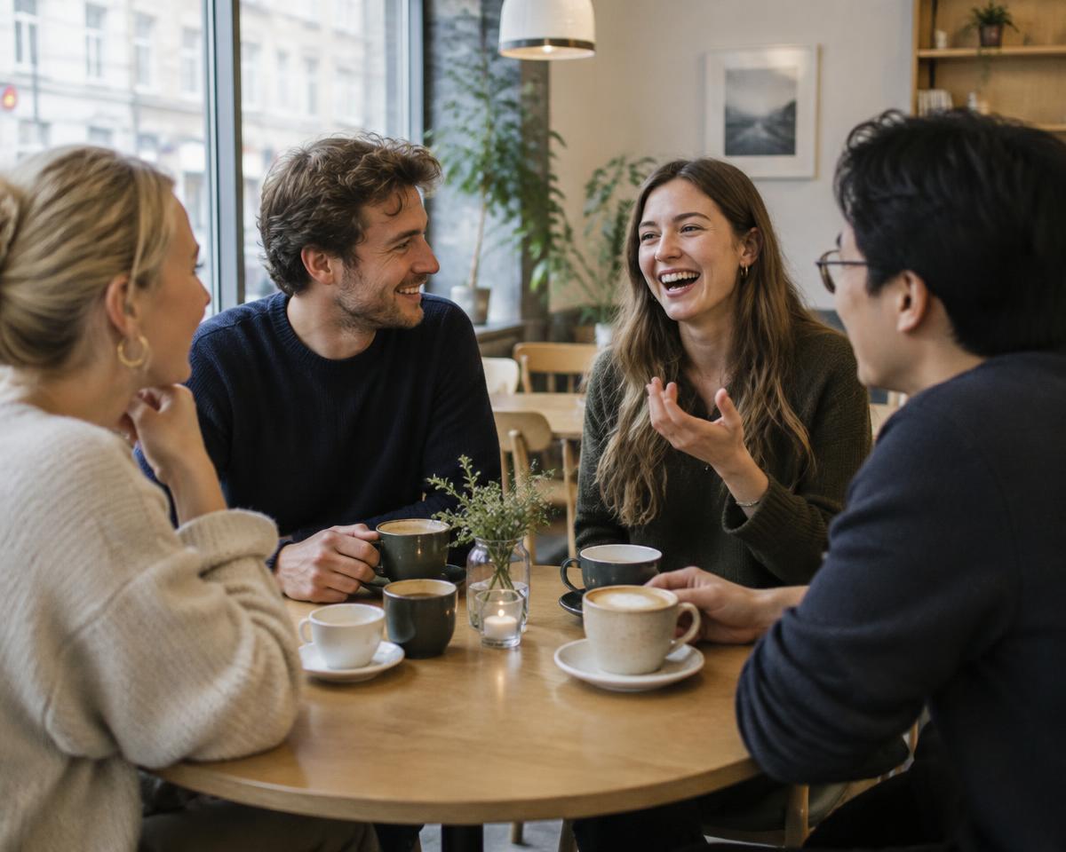 People laughing together over coffee at a café